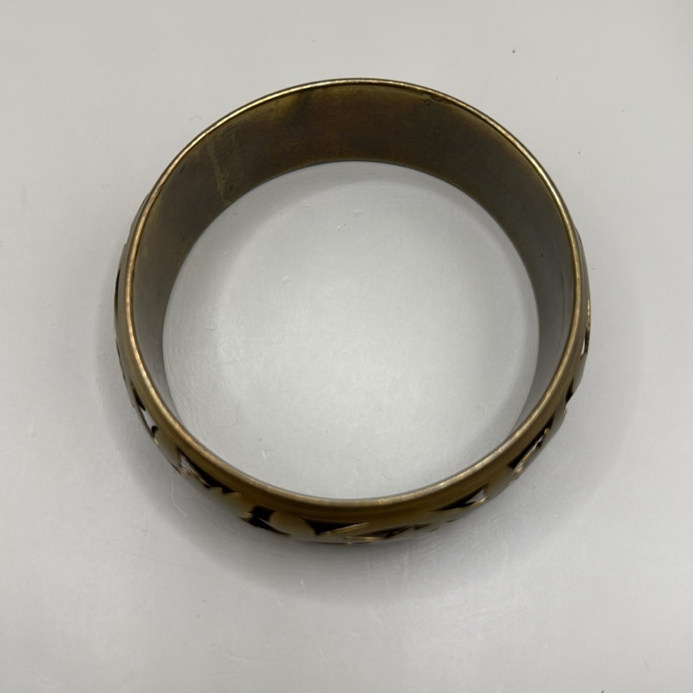 Vintage Brass Leaf Pattern Cuff Bangle Statement … - image 3